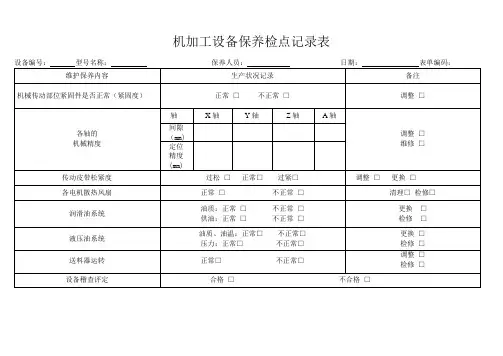 五金行业机加工设备保养检点记录表样板