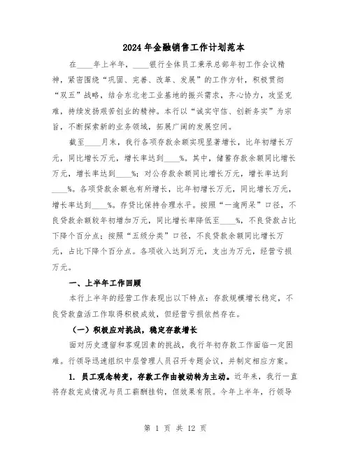2024年金融销售工作计划范本（六篇）