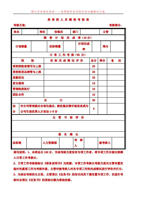 美容院人员绩效考核表2