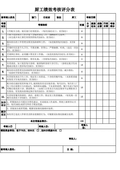厨工绩效考核评分表