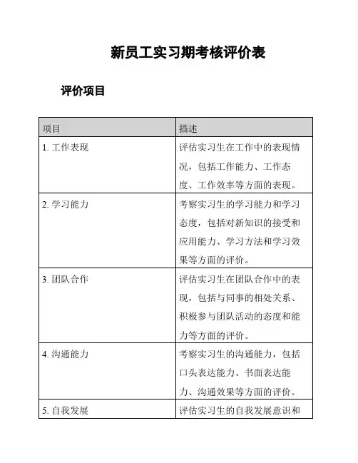 新员工实习期考核评价表