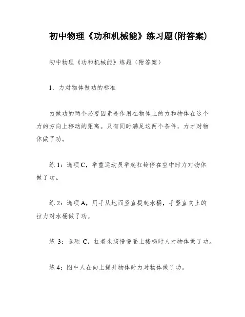 初中物理《功和机械能》练习题(附答案)