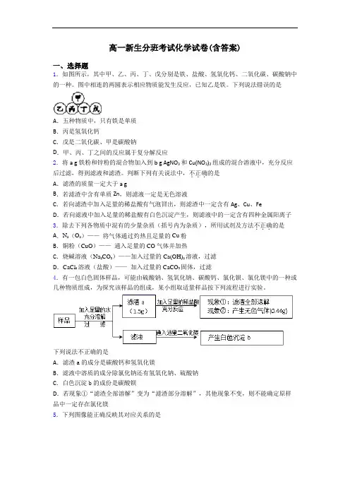 高一新生分班考试化学试卷(含答案)