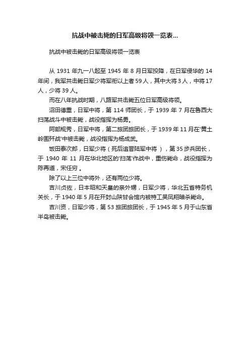 抗战中被击毙的日军高级将领一览表...