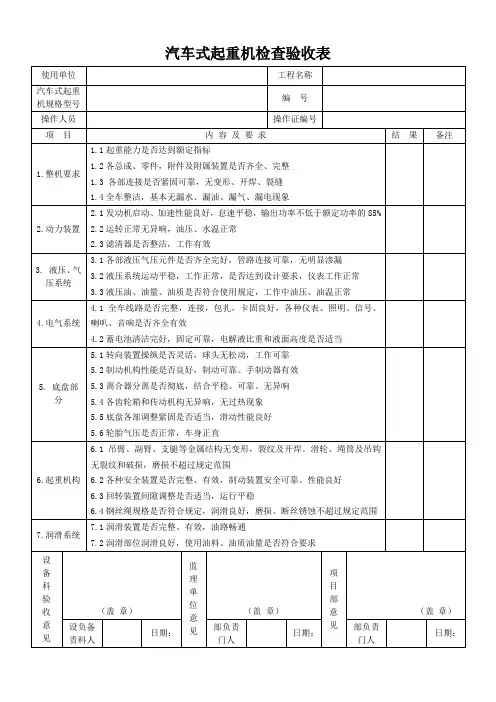 汽车式起重机检查验收表
