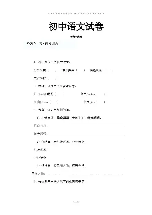 人教版九年级上册语文《第1课沁园春雪》同步训练