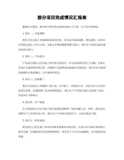 部分项目完成情况汇报表
