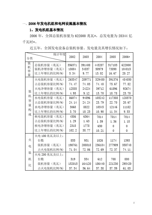 2006年发电机组和电网设施基本情况