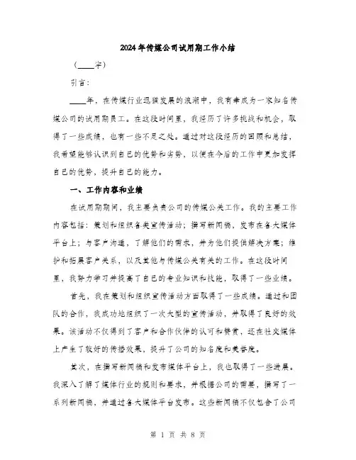 2024年传媒公司试用期工作小结(3篇)