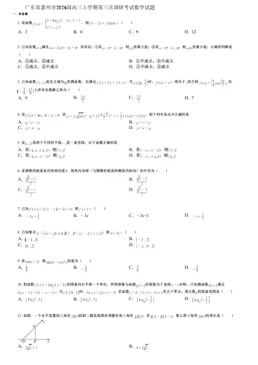 广东省惠州市2024届高三上学期第三次调研考试数学试题