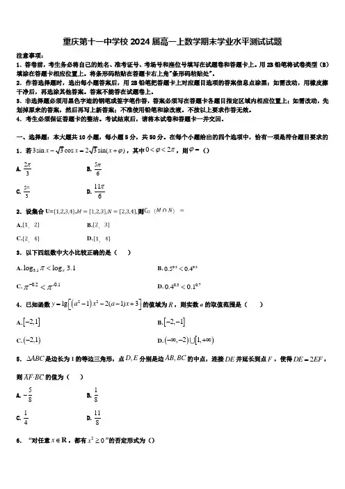 重庆第十一中学校2024届高一上数学期末学业水平测试试题含解析