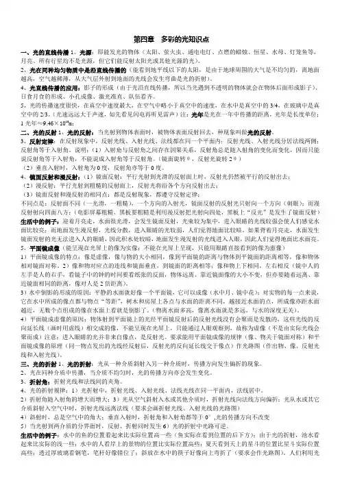 初中物理沪科版第四章多彩的光知识总结