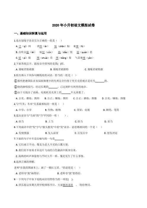 2020年六年级小升初模拟考试语文试题 (含答案)