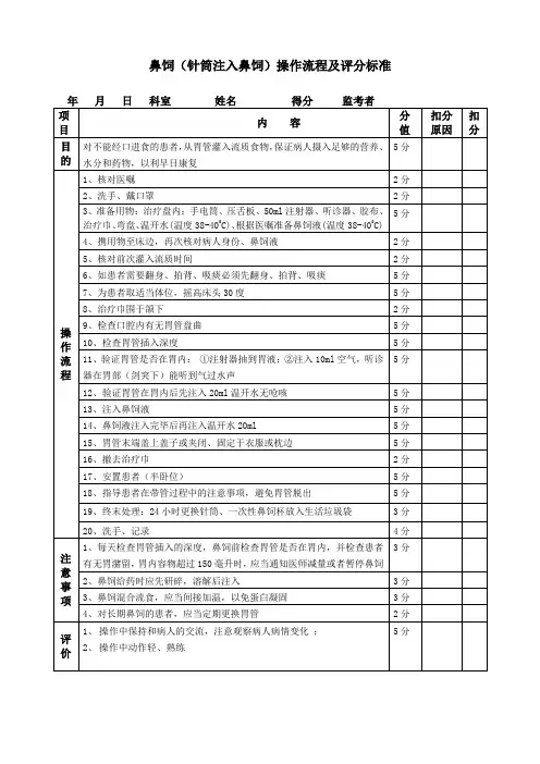 鼻饲(针筒注入)操作流程及评分标准