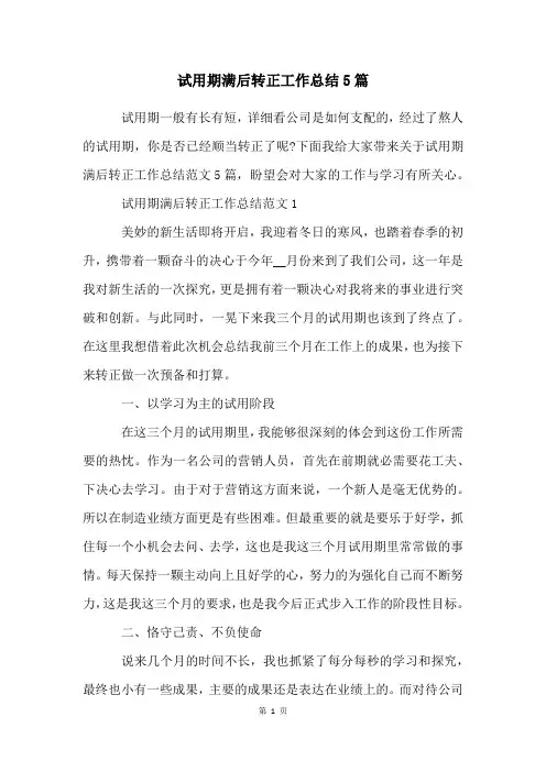 试用期满后转正工作总结5篇