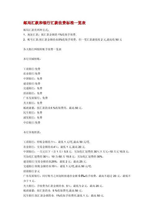 邮局汇款和银行汇款收费标准一览表