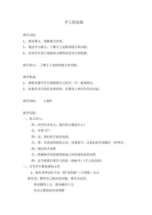 手上的皮肤 优质教案