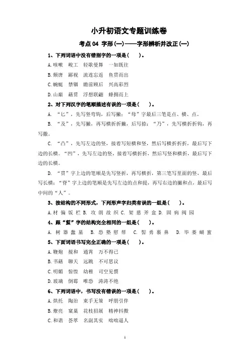 考点04 字形(一)：字形辨析并改正(一)-2024年小升初语文专题训练(统编版)