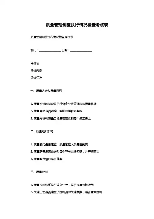质量管理制度执行情况检查考核表