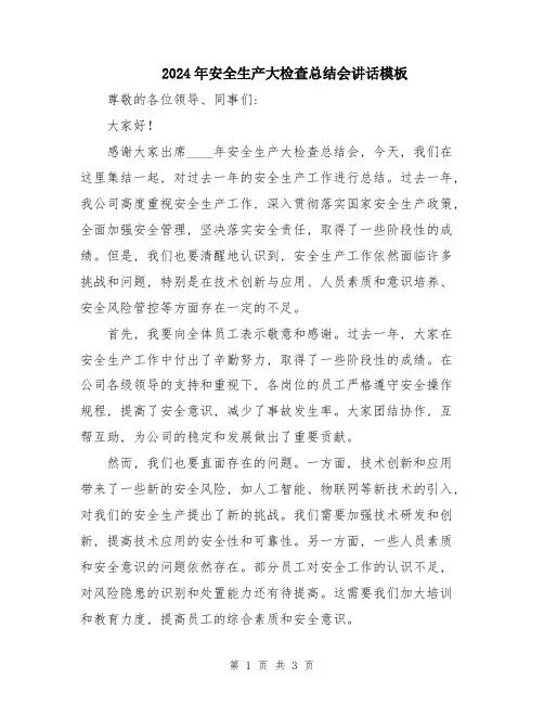 2024年安全生产大检查总结会讲话模板