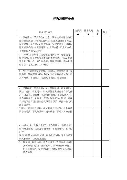 礼仪评价表