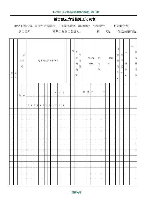 锤击预应力管桩施工记录表