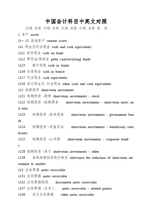 中国会计科目中英文对照