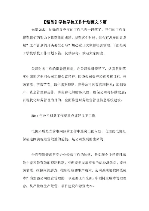 2020年【精品】学校学校工作计划范文5篇