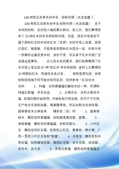 100种常见名贵木材学名俗称对照(木友收藏)
