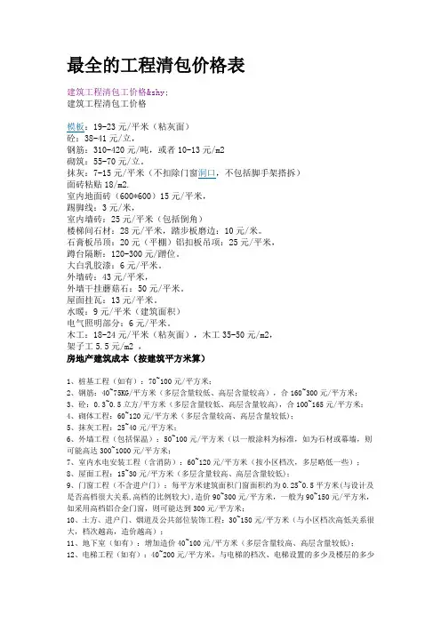 最全的工程清包价格表