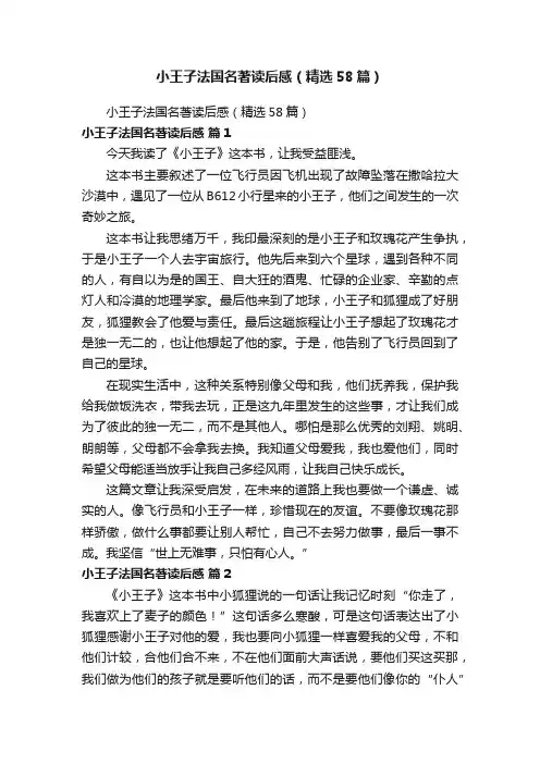小王子法国名著读后感（精选58篇）