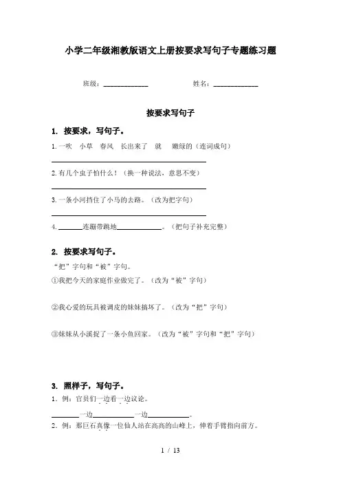 小学二年级湘教版语文上册按要求写句子专题练习题