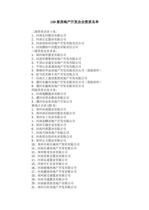 149家房地产开发企业资质名单