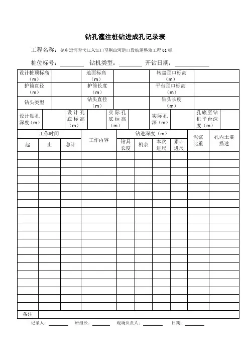 钻孔灌注桩钻进成孔记录表