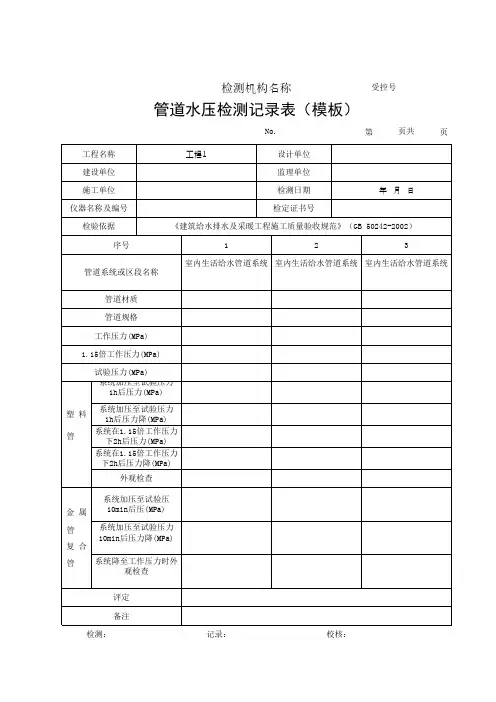 管道水压检测记录表(模板)