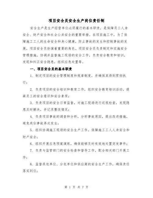 项目安全员安全生产岗位责任制（四篇）
