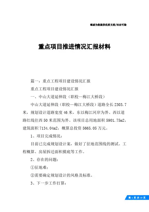 重点项目推进情况汇报材料