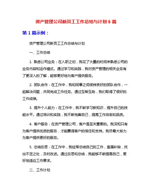 资产管理公司新员工工作总结与计划6篇