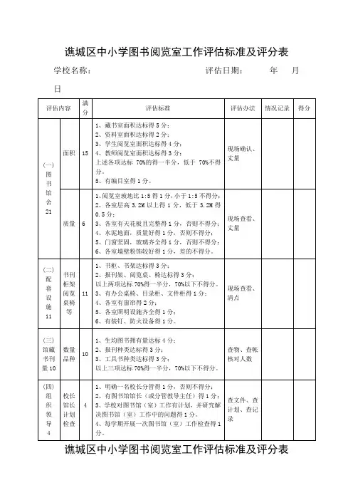 中小学图书阅览室工作评估标准及评分表