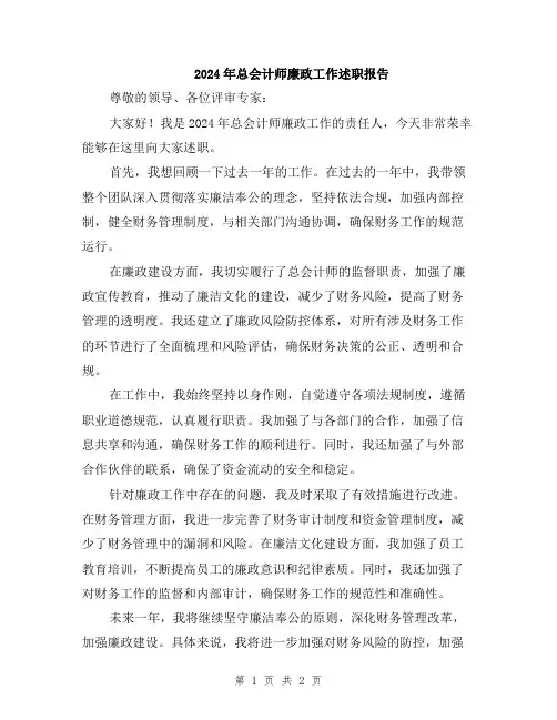 2024年总会计师廉政工作述职报告