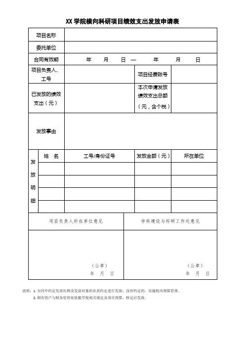 学院横向科研项目绩效支出发放申请表