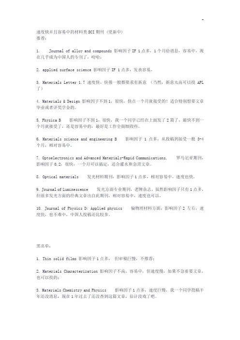 速度快并且容易中的材料类SCI期刊(更新中)