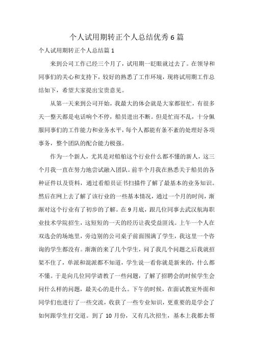 个人试用期转正个人总结优秀6篇