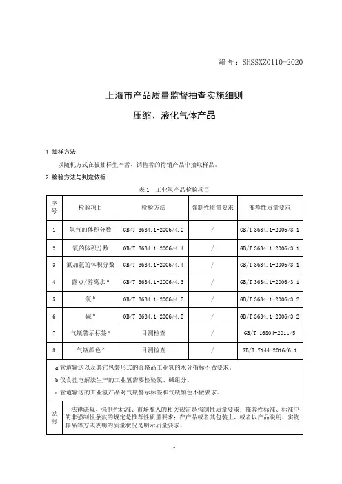 SHSSXZ0110-2020压缩、液化气体上海市产品质量监督抽查实施细则