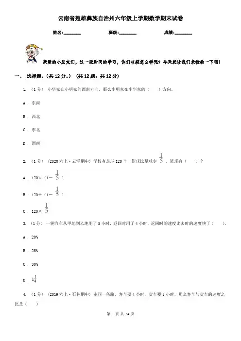 云南省楚雄彝族自治州六年级 上学期数学期末试卷