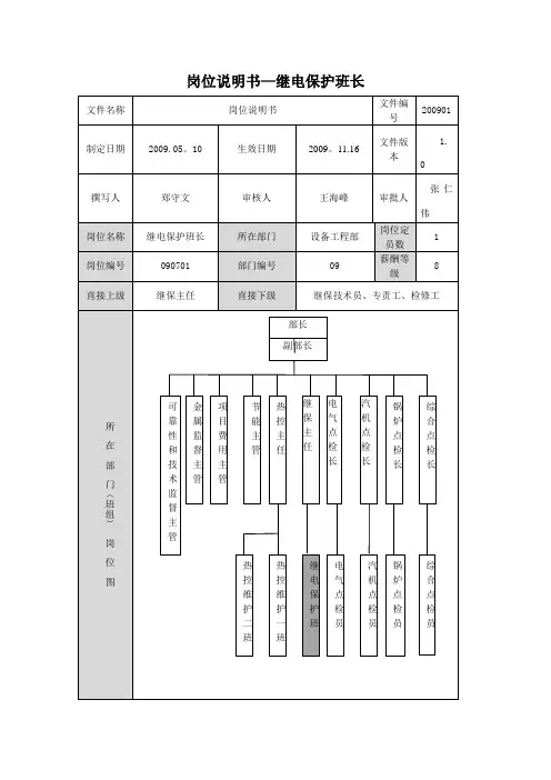 设备工程部继电保护班班长岗位说明书(见附件16)