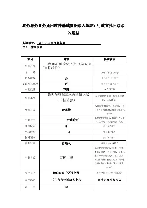 政务服务业务通用软件基础数据录入规范行政审批目录录入规范