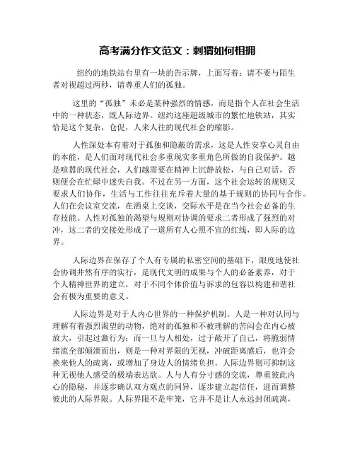 高考满分作文范文：刺猬如何相拥