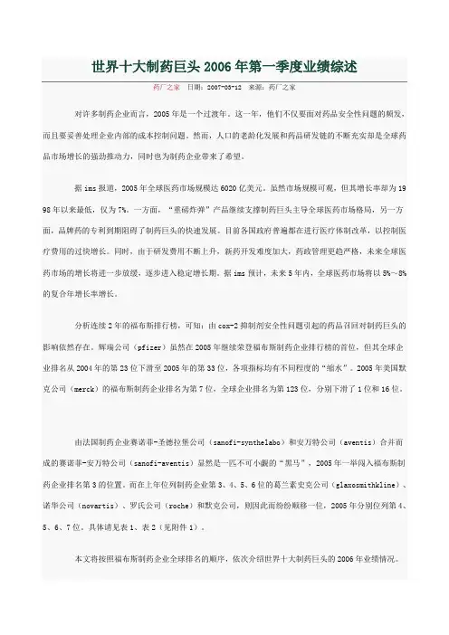 【2019年整理】世界十大制药巨头