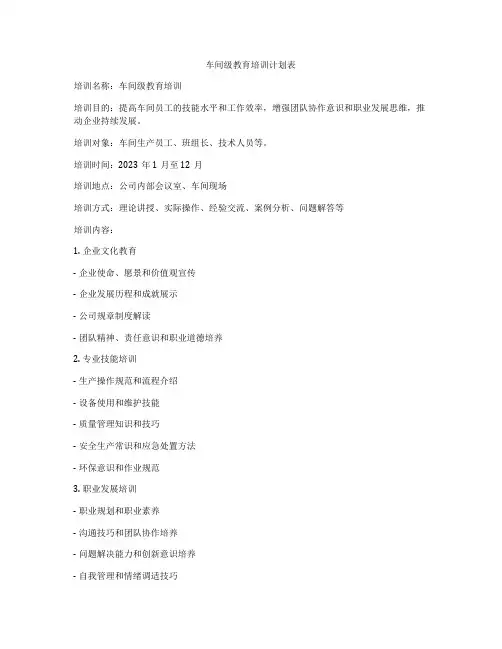 车间级教育培训计划表
